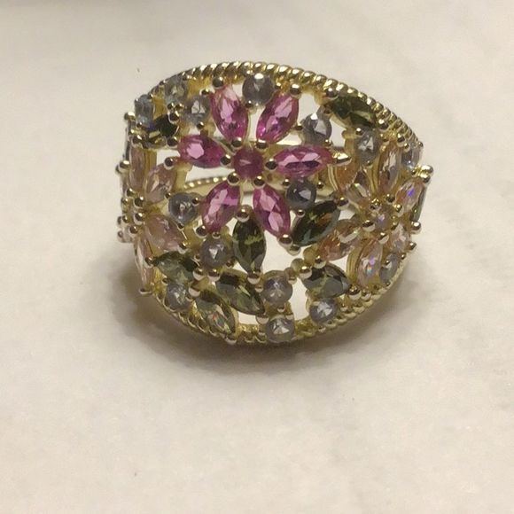 Cate d' Argent Ring 14k Gold Plated Over 925 Sterling Multi Colored Stones Ring - Picture 2 of 13